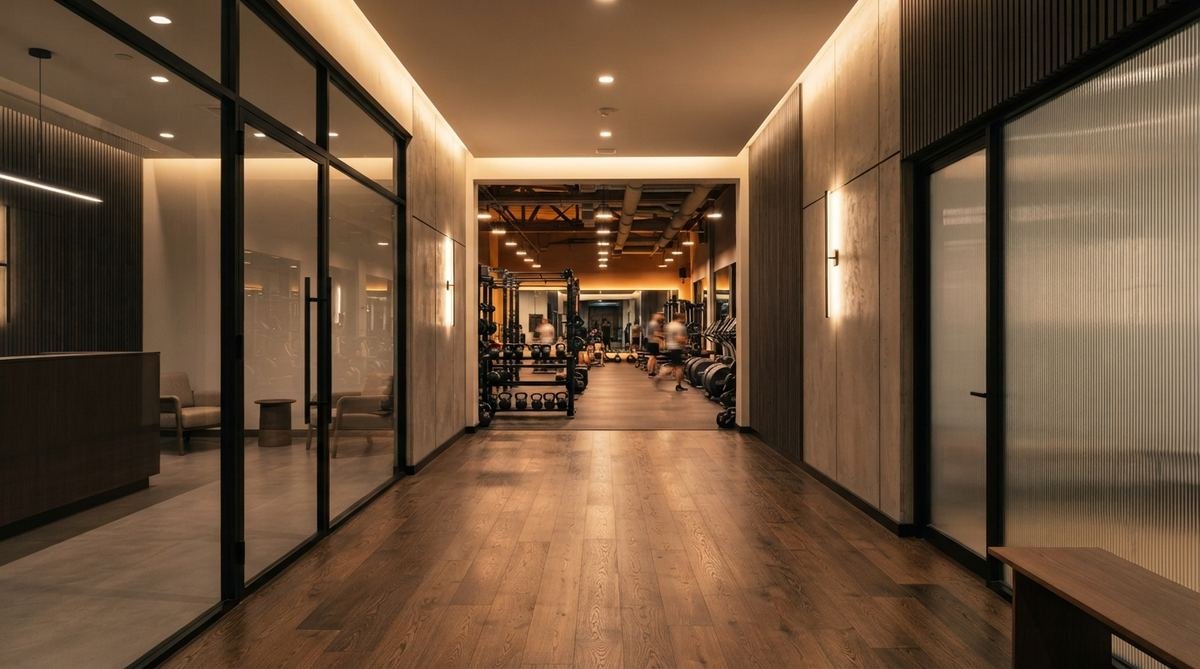 The warmly lit entrance hallway leading into Gate Gym
