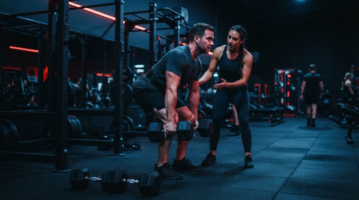 Gate Gym personal trainer coaching a client through a dumbbell deadlift in Port Moresby
