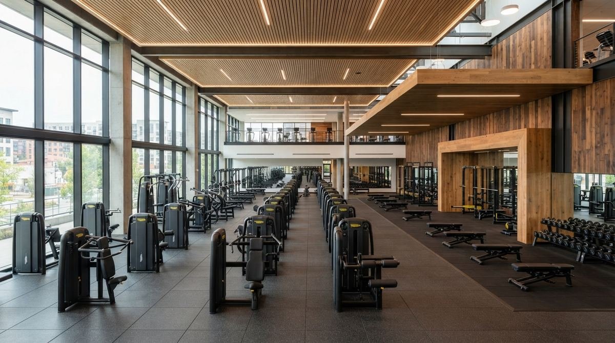 Rows of modern strength and cardio equipment on the Gate Gym floor